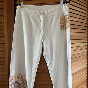 Lucky Brand White Cotton Drawstring Pants with Floral Trim